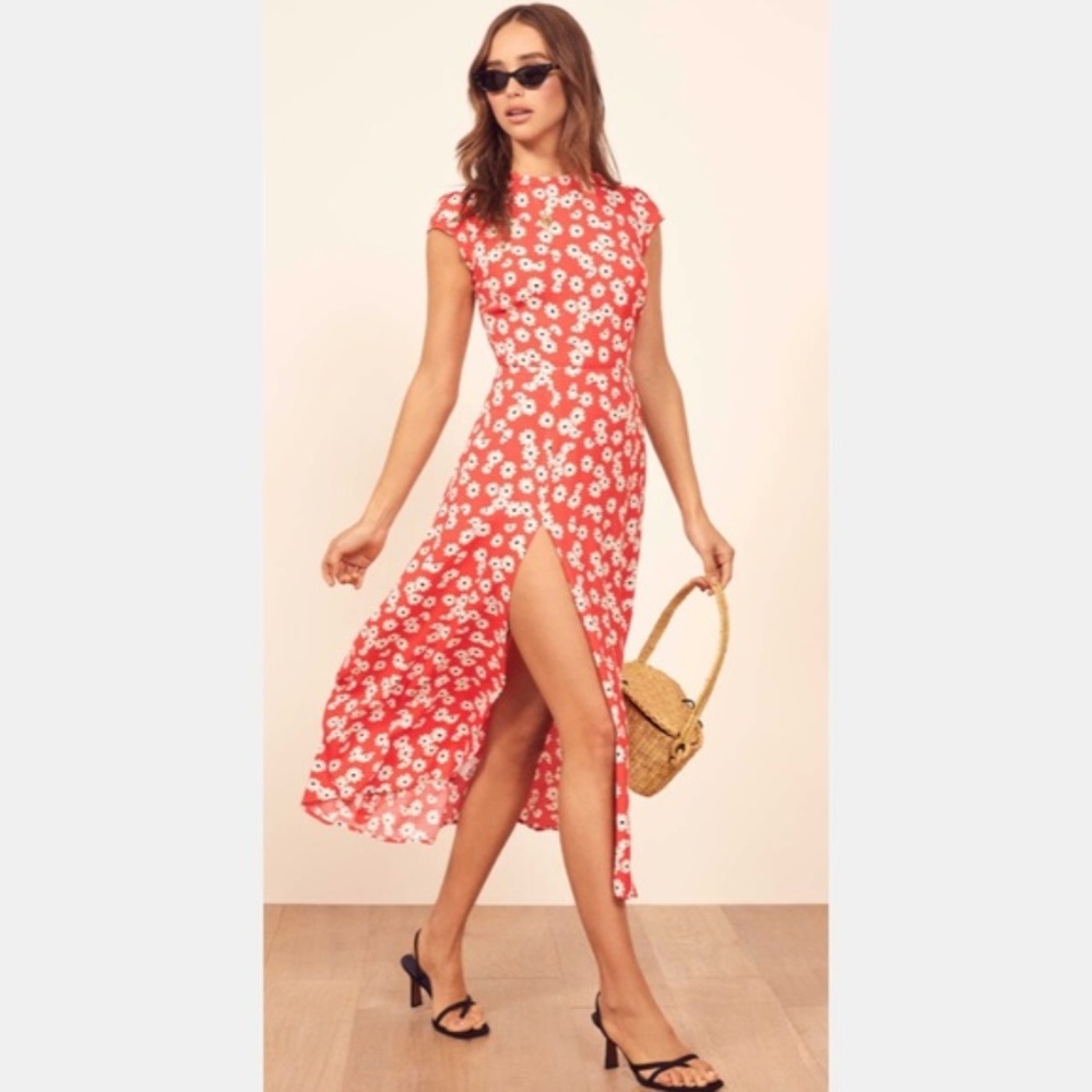 Reformation Red Floral Midi Dress with White Daisies